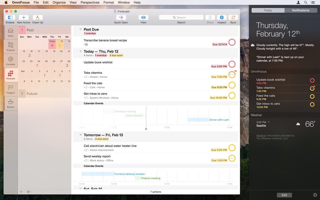 Screenshot of OmniFocus 2.1 with a vibrant sidebar, new toolbar icons, and a Today extension
