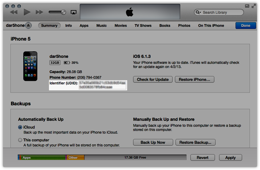 iTunes device info and UDID area
