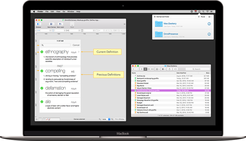 Image of OmniPresence running in the menu bar of a MacBook Air showing documents syncing.