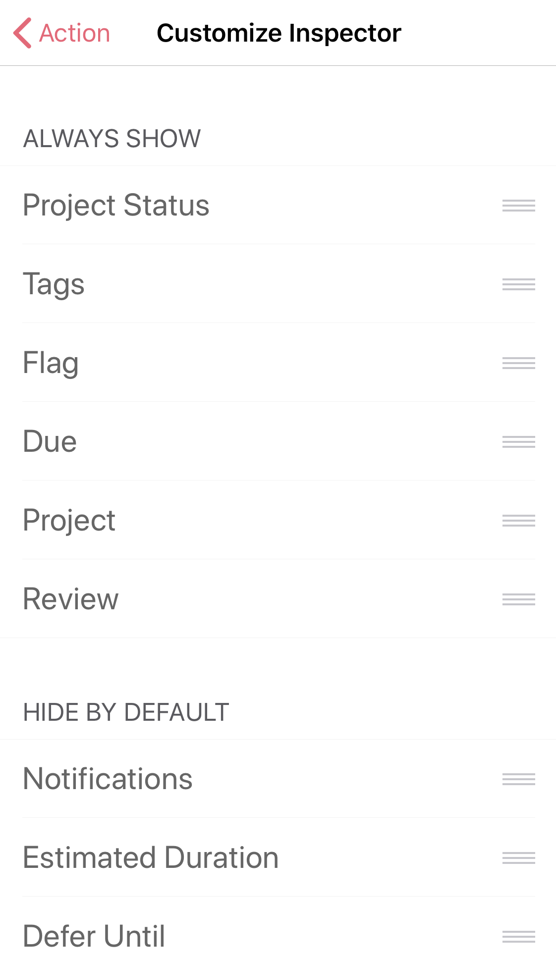 OmniFocus 3’s Customize Inspector view