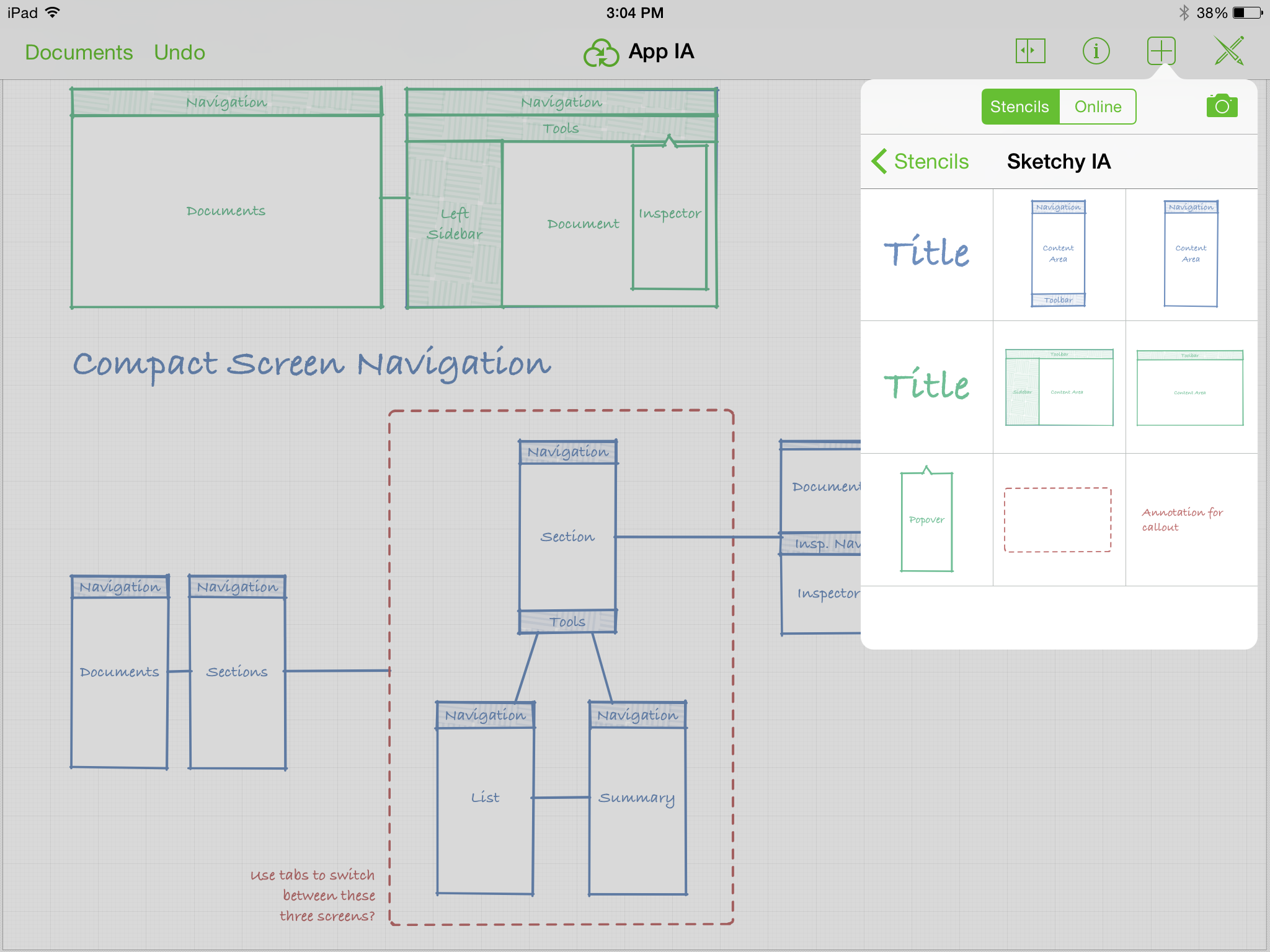 Screenshot of App IA document with stencils