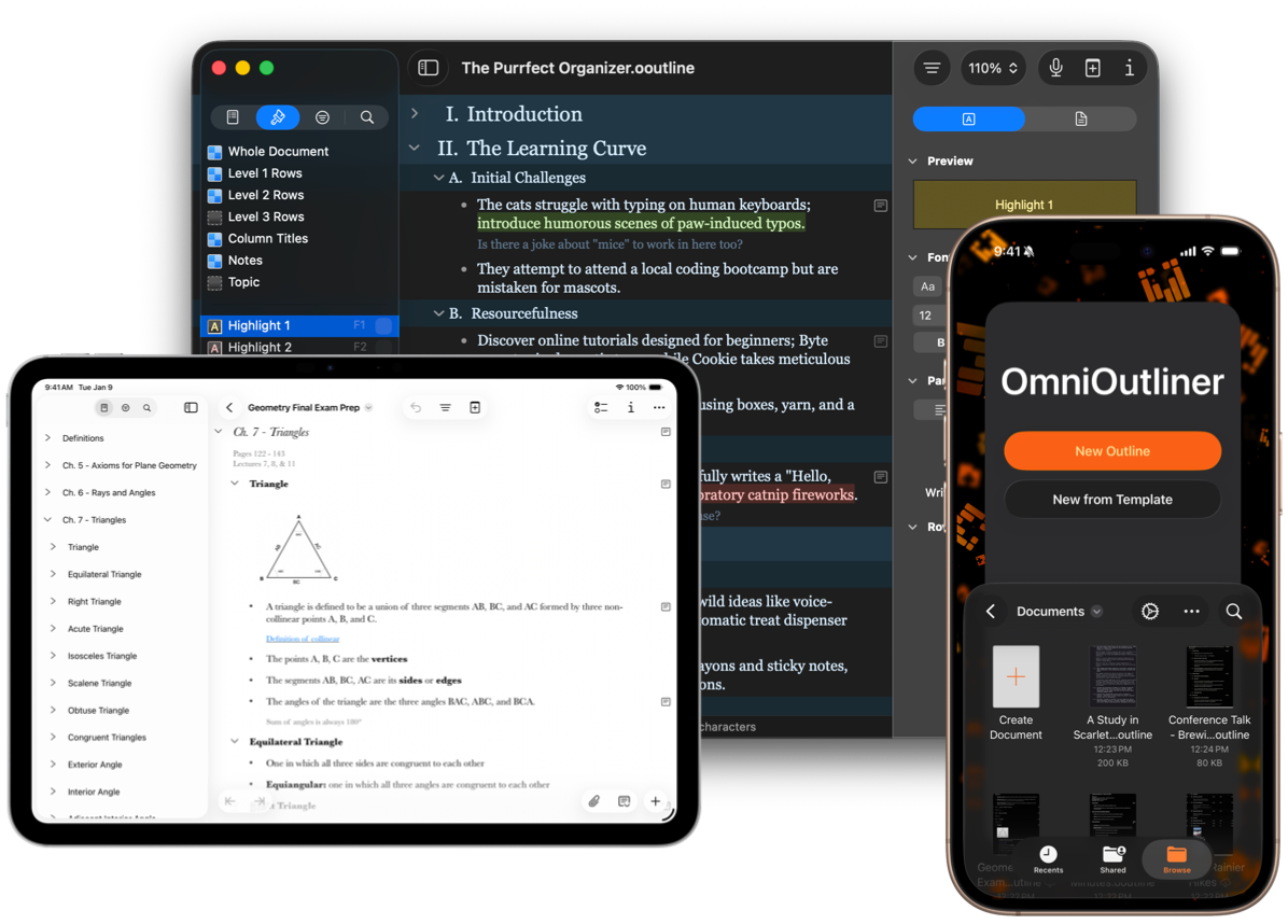 Screenshot: OmniOutliner 6 on multiple platforms.