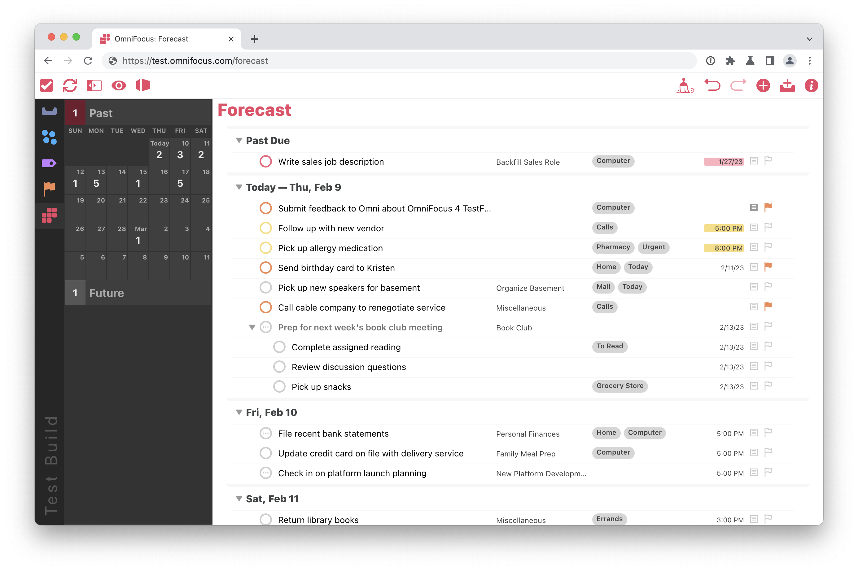 Screenshot of Forecast perspective in OmniFocus for the Web test build