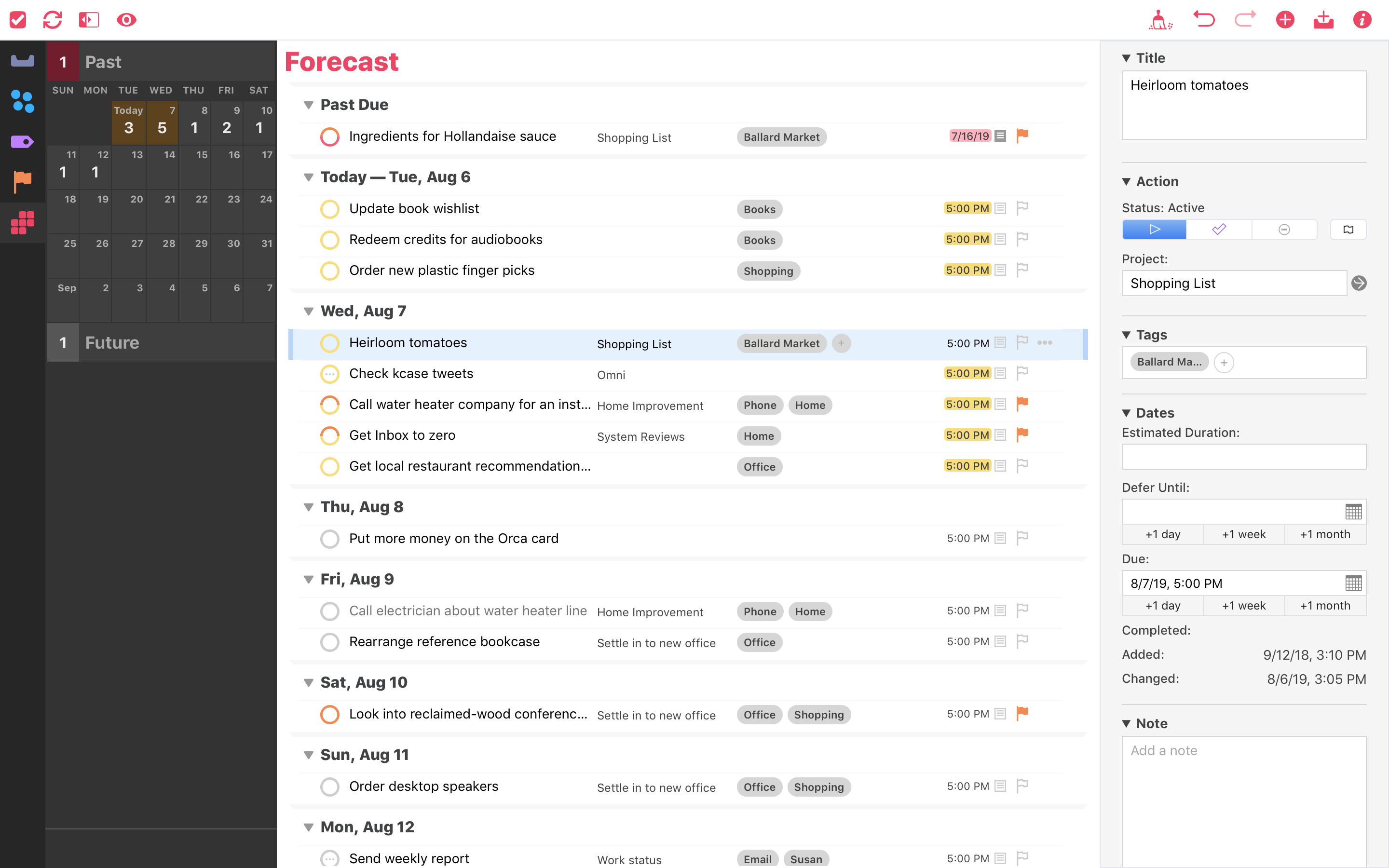 Screenshot of the Forecast view in OmniFocus for the Web.