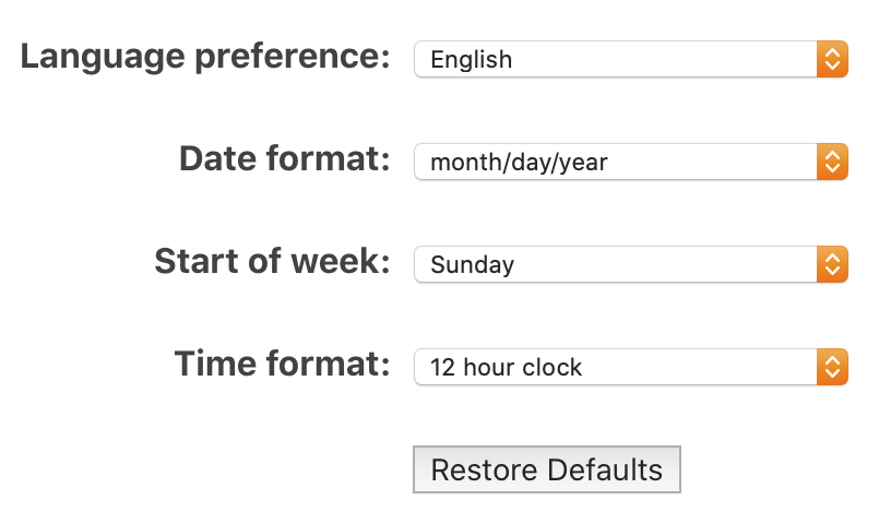 Screenshot showing popup buttons for language, date format, start of week, and time format.