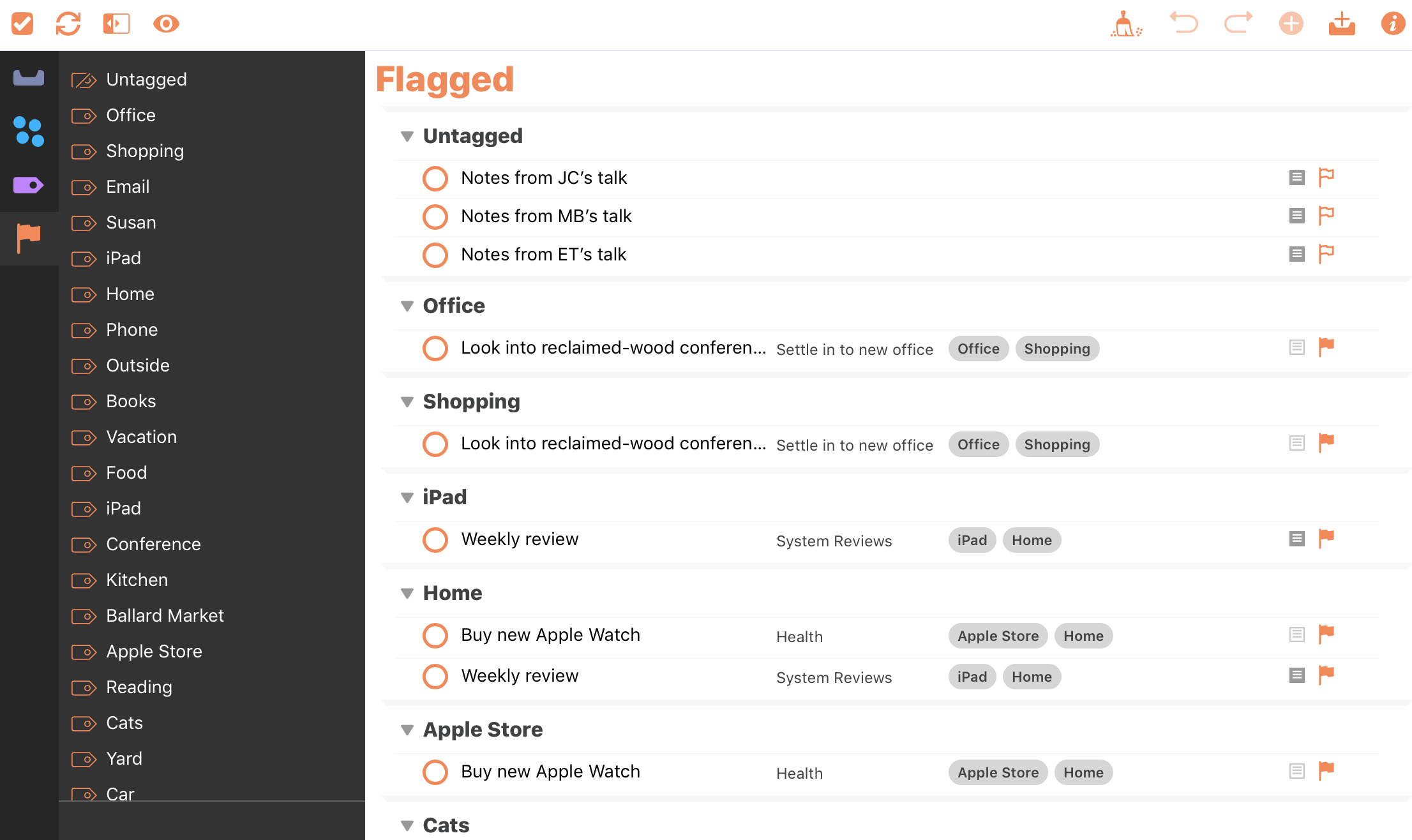 Screenshot of the OmniFocus Flagged perspective, showing a number of flagged actions.