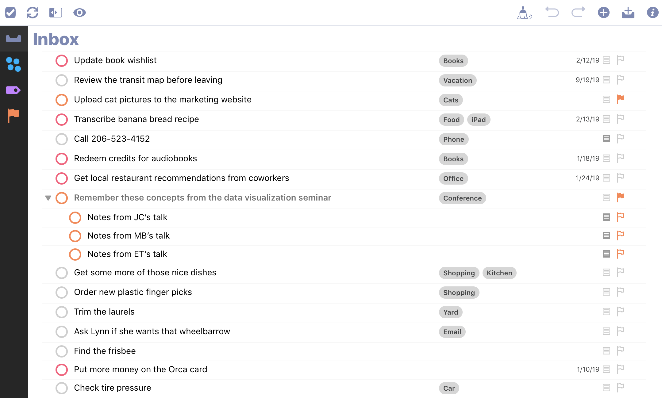 Screenshot of the OmniFocus Inbox with a number of actions.