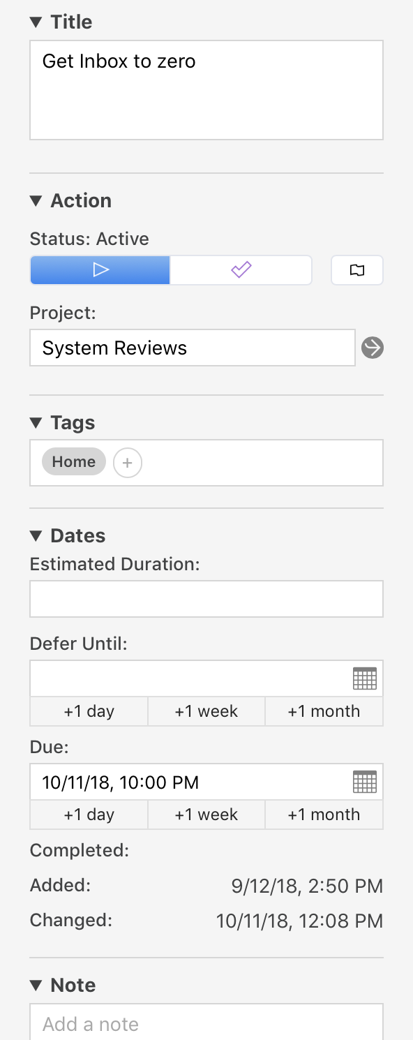 Screenshot of the OmniFocus Inspector, showing an action with a project named “System Reviews” and a tag named “Home.”