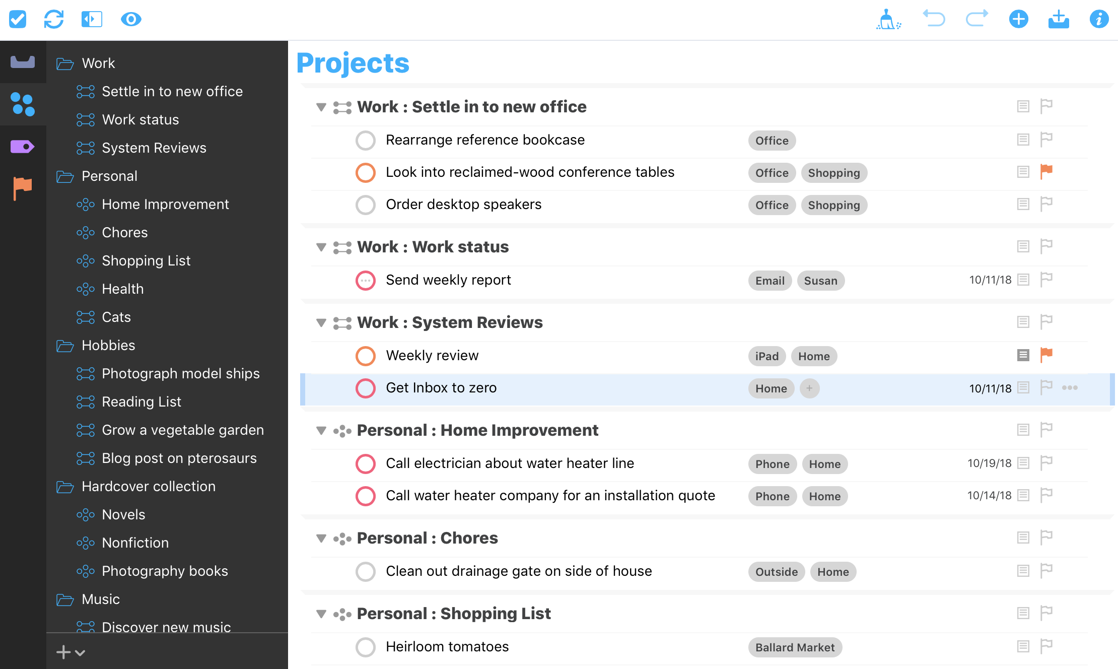 Screenshot of the OmniFocus Projects perspective, showing a number of folders and projects.