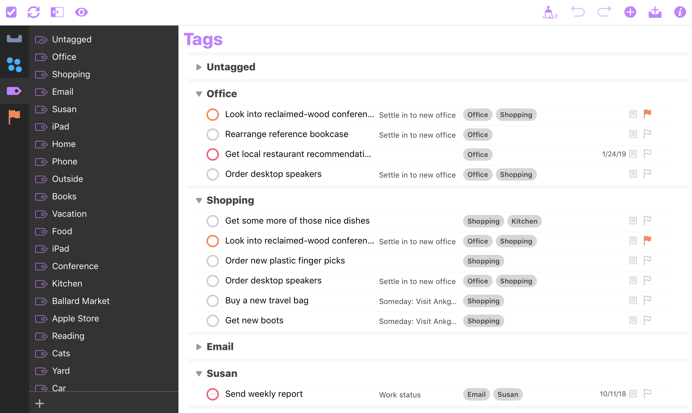 Screenshot of the OmniFocus Tags perspective, showing a number of tags.