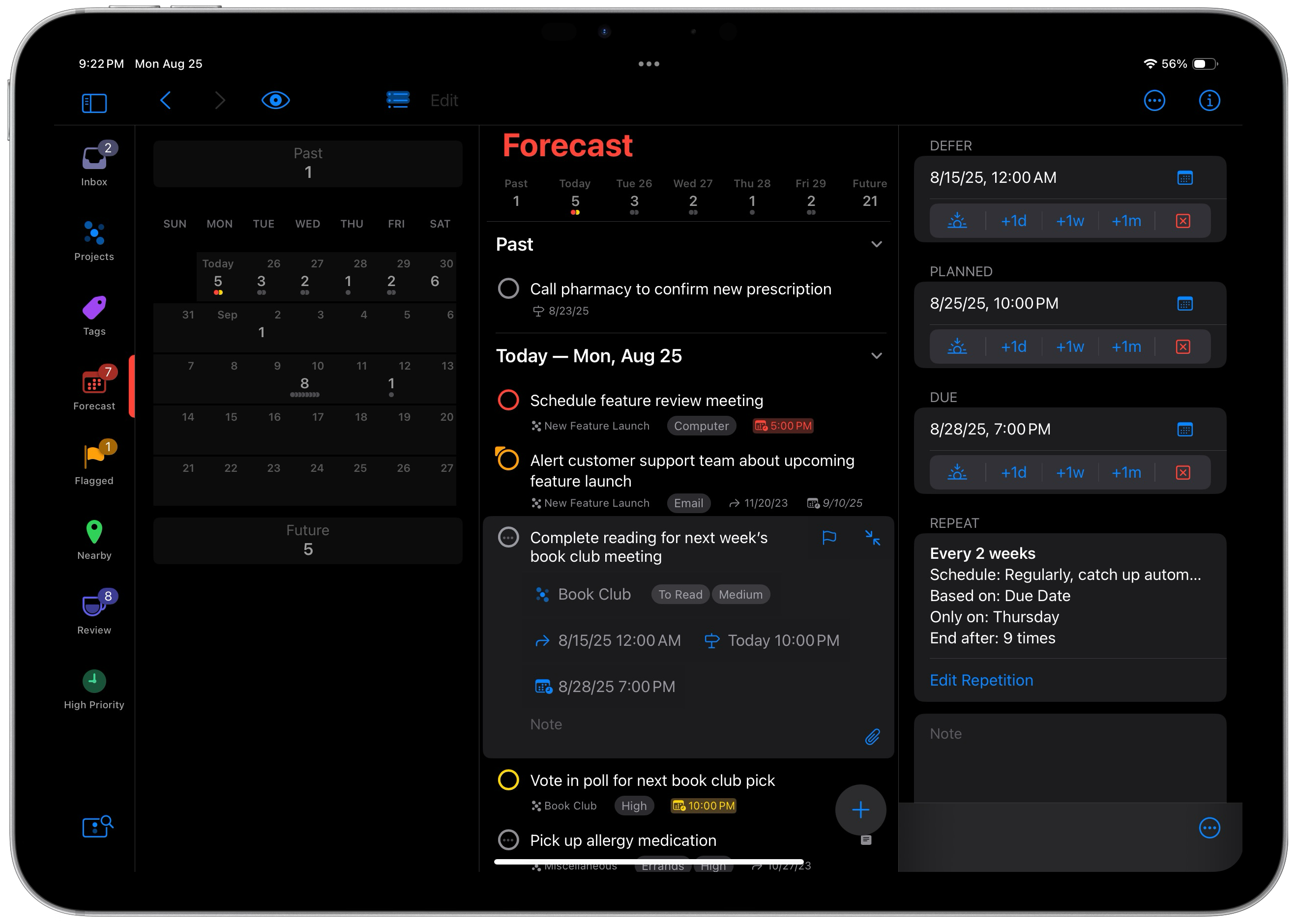 Screenshot of Forecast perspective in OmniFocus 4.7 for iPad