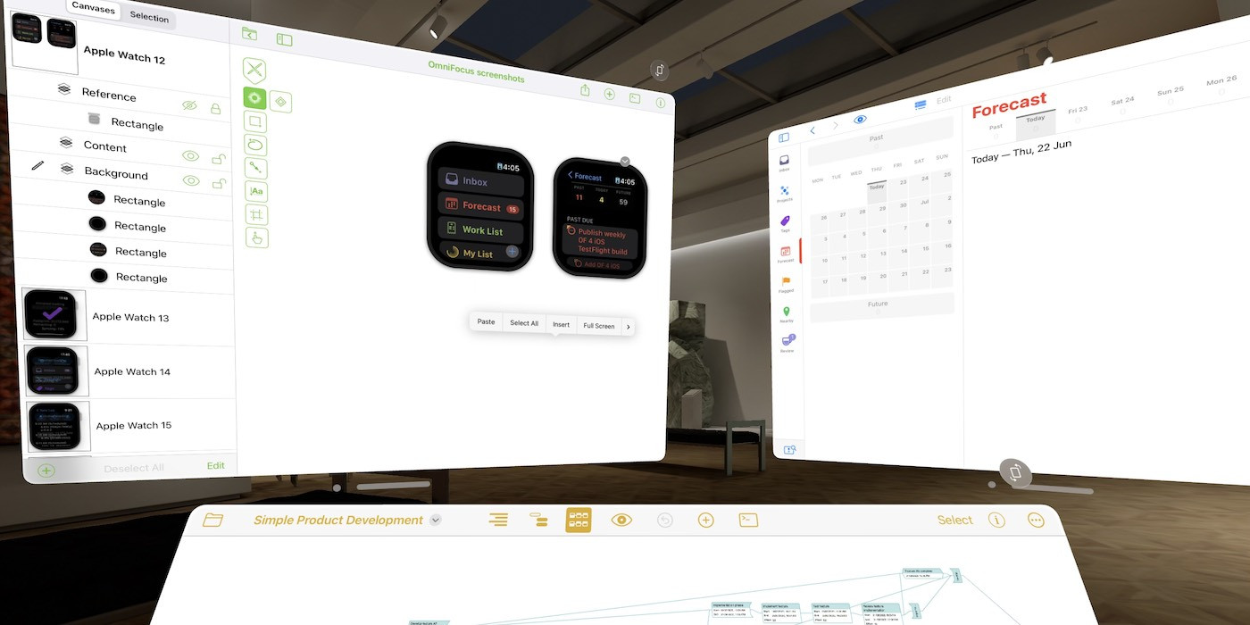 OmniGraffle, OmniFocus, and OmniPlan running on the visionOS simulator