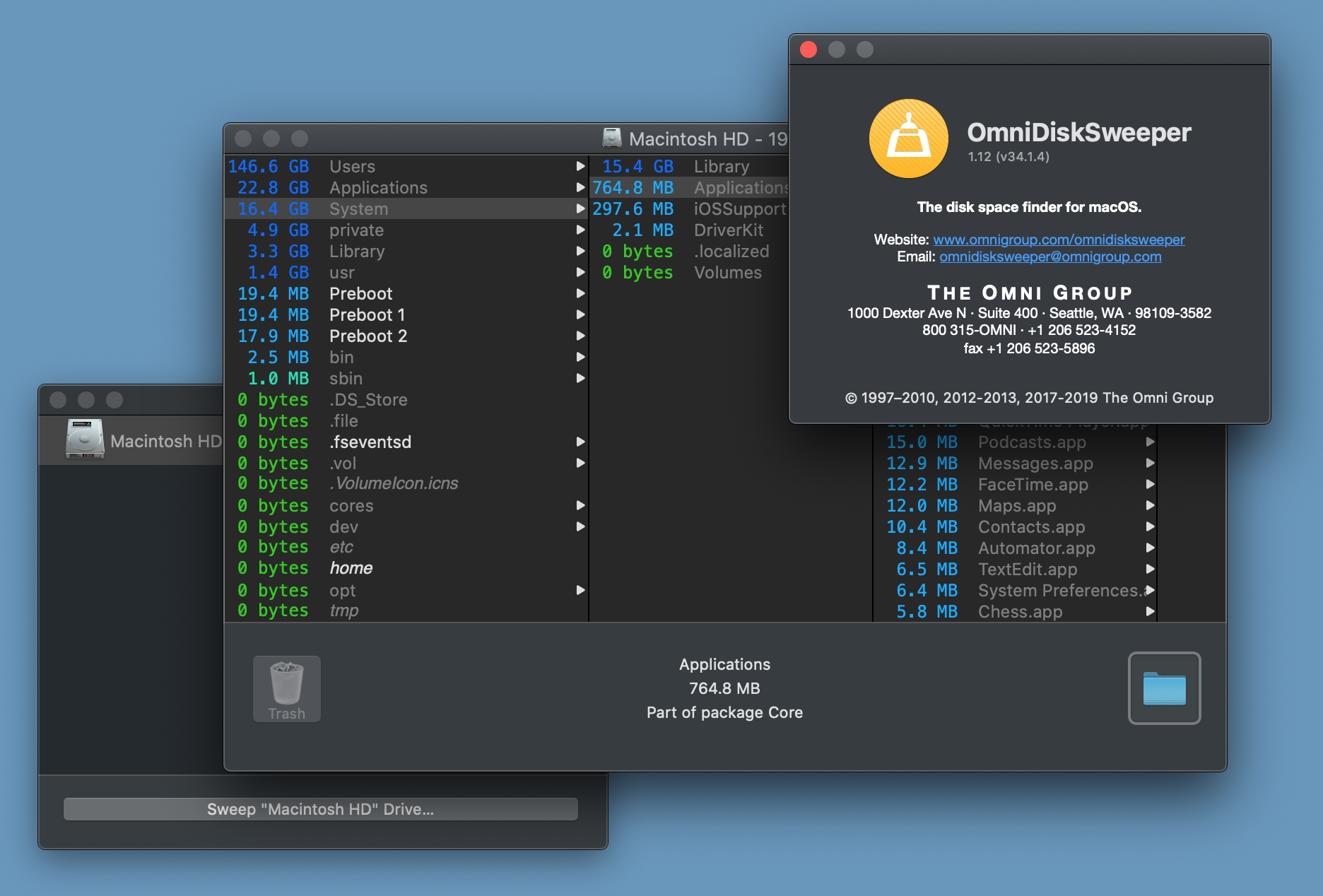Screenshot of OmniDiskSweeper in Dark Mode.