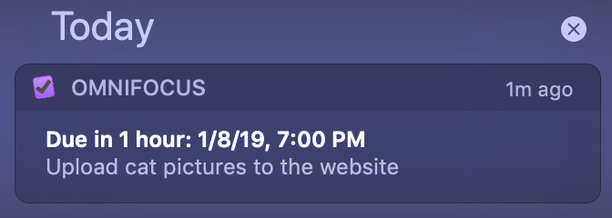 Screenshot showing an OmniFocus notification in Notification Center.