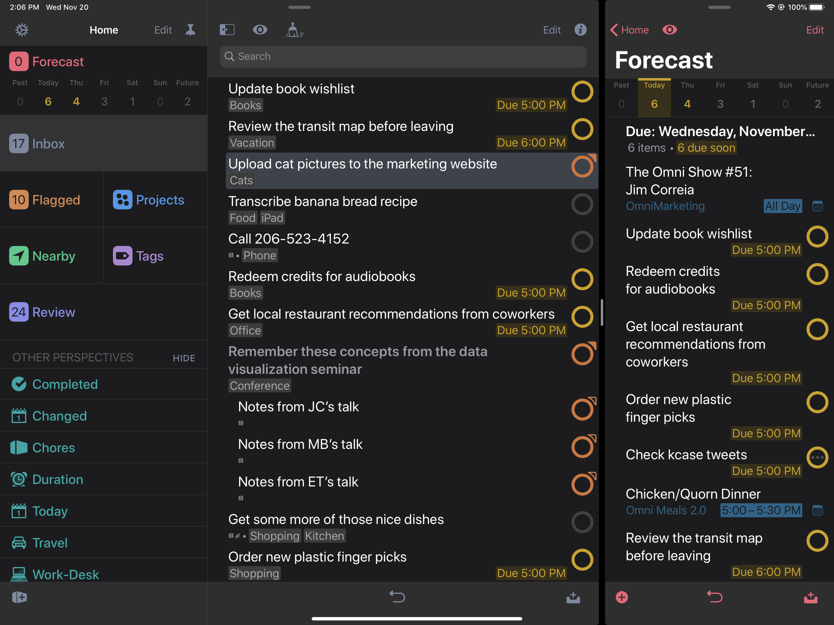 Screenshot showing OmniFocus running on an iPad, in Dark Mode, with one window showing Inbox and a second window showing Forecast.