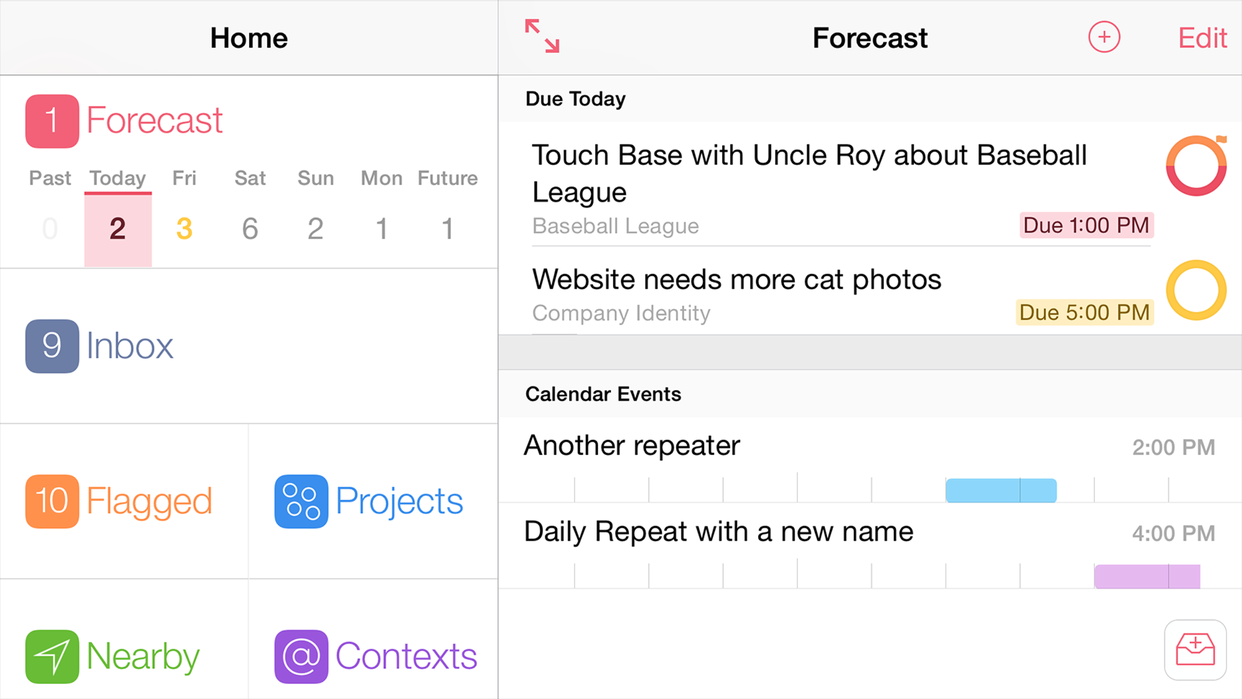 Screenshot of OmniFocus for iOS running on an iPhone 6+