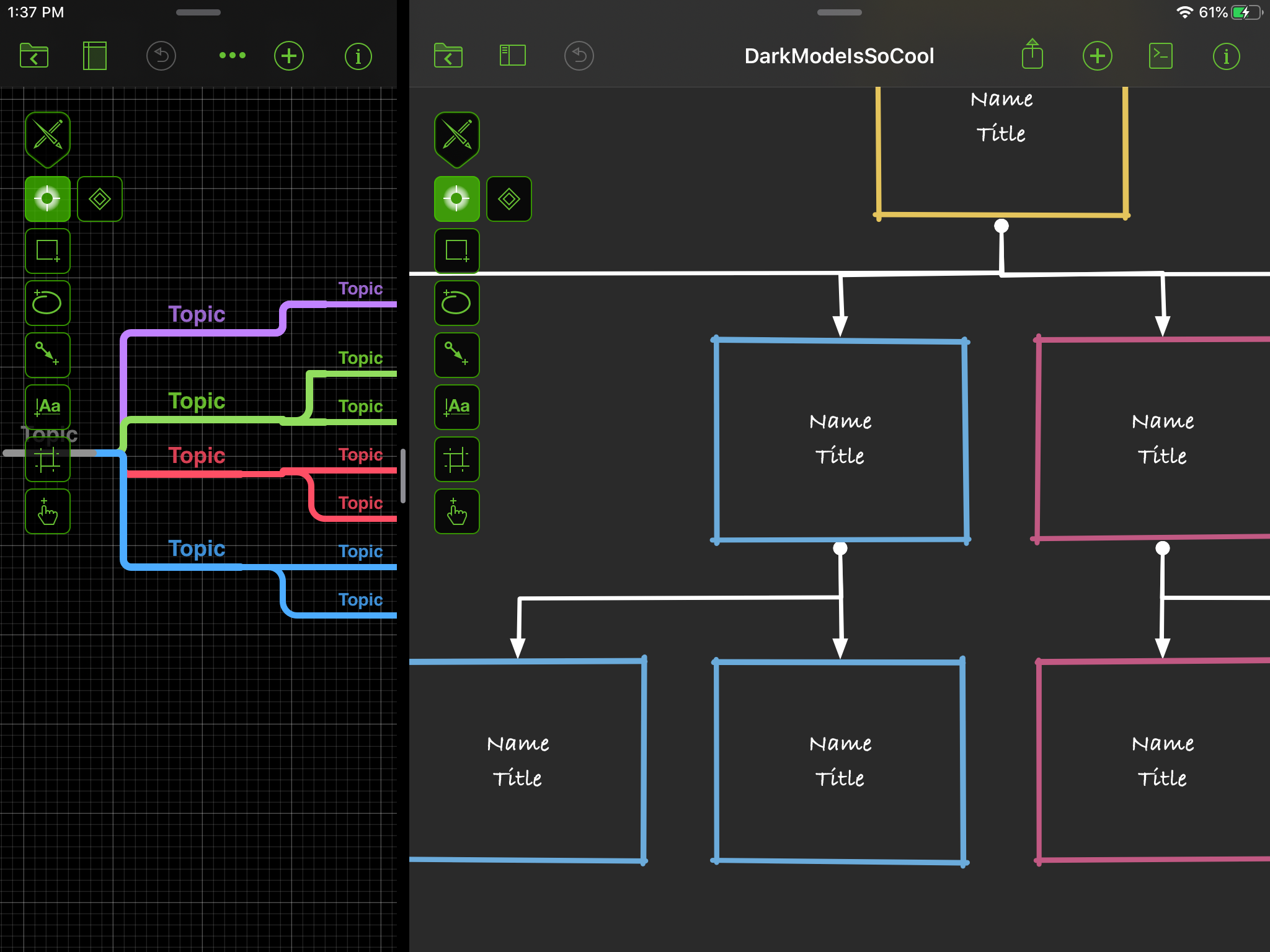 Screenshot of OmniGraffle running in Dark Mode with two documents open.