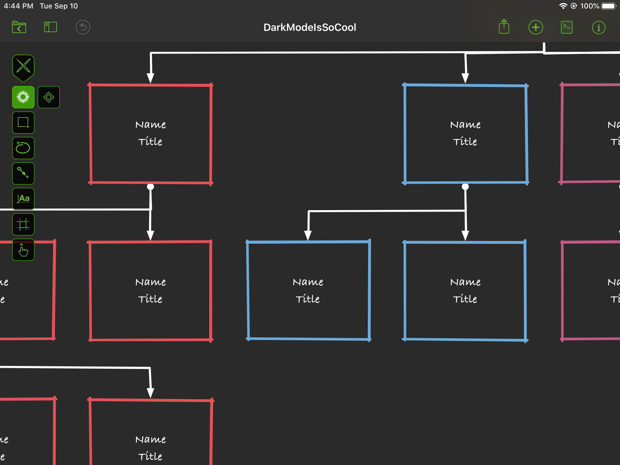 Screenshot showing OmniGraffle running in iOS 13 Dark Mode.