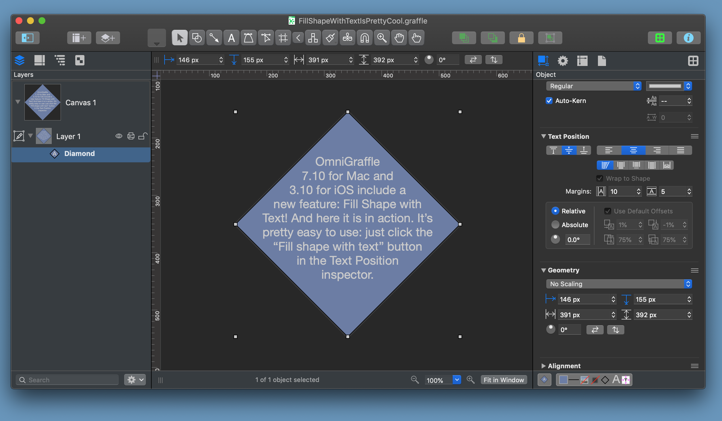 Screenshot of OmniGraffle for Mac showing text fitting inside a diamond shape.