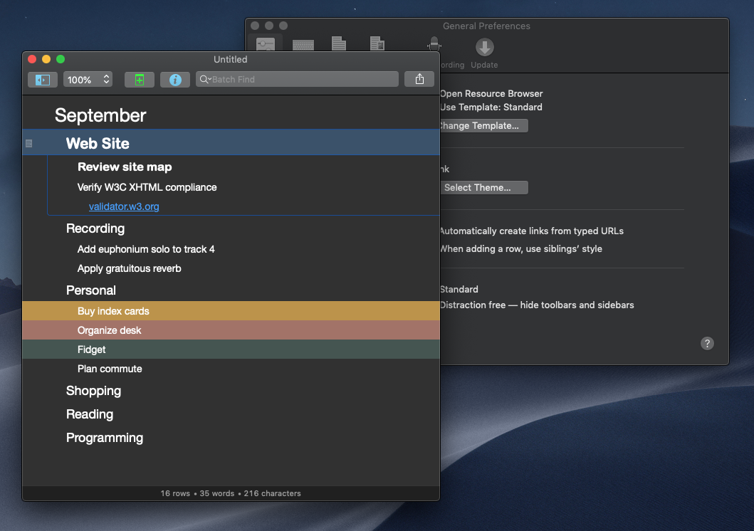 Screenshot of OmniOutline running in Dark Mode, showing a dark document window and a dark preferences window