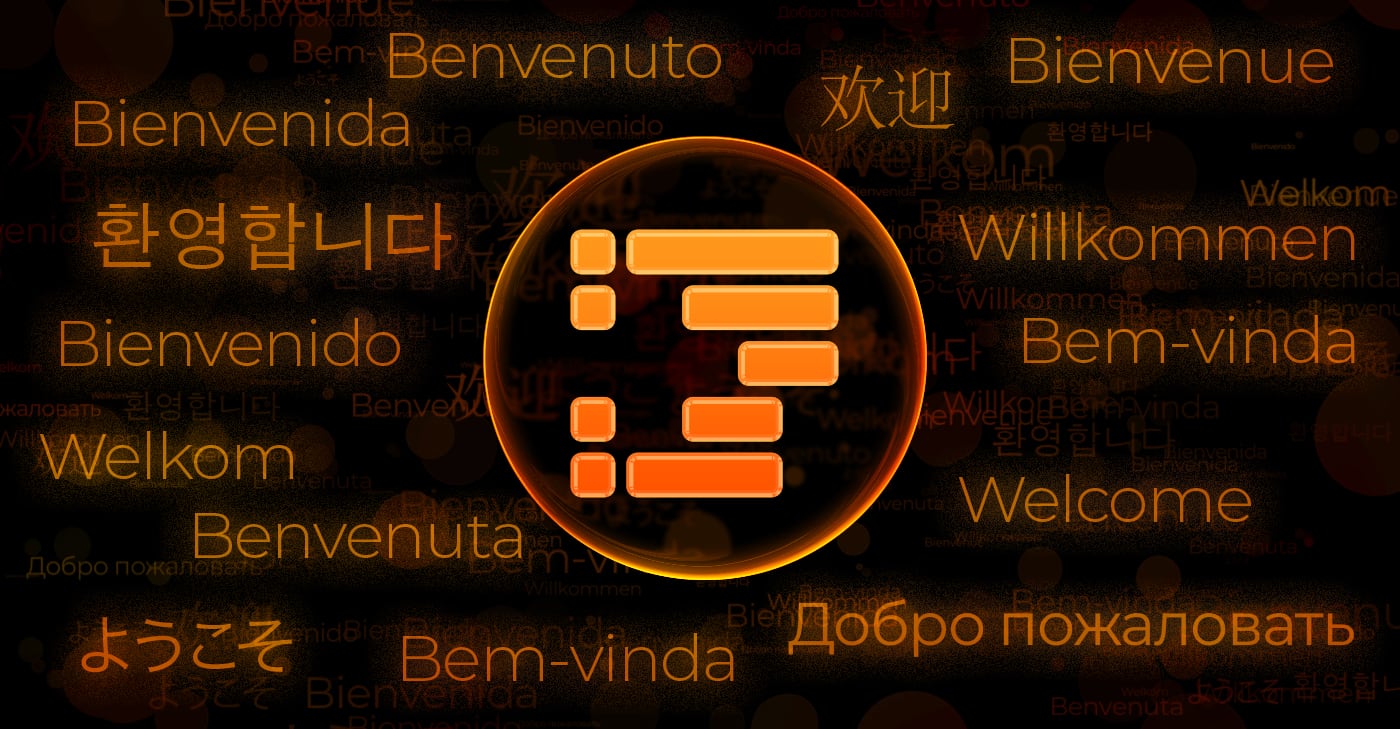 Artwork: OmniOutliner app icon surrounded by "Welcome" in eleven languages.
