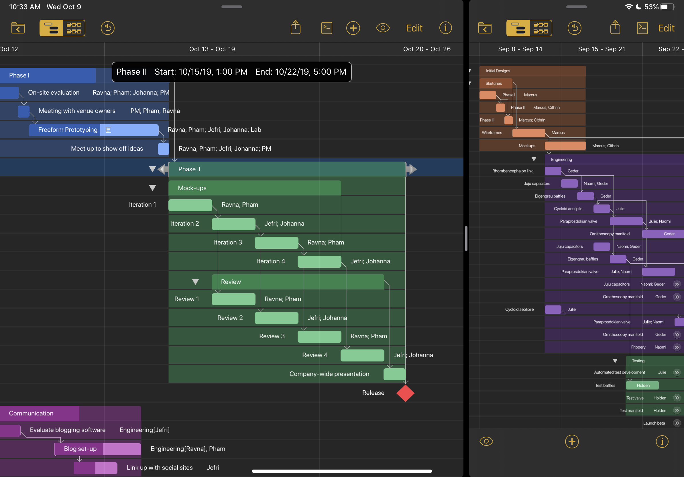 Screenshot showing OmniPlan running in Dark Mode with two projects open. 