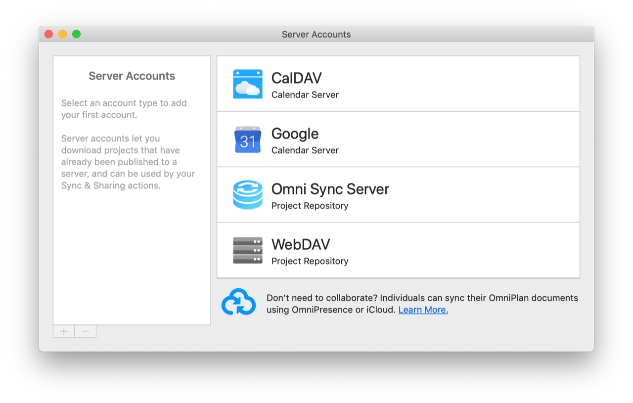 Screenshot of OmniPlan’s new server accounts window