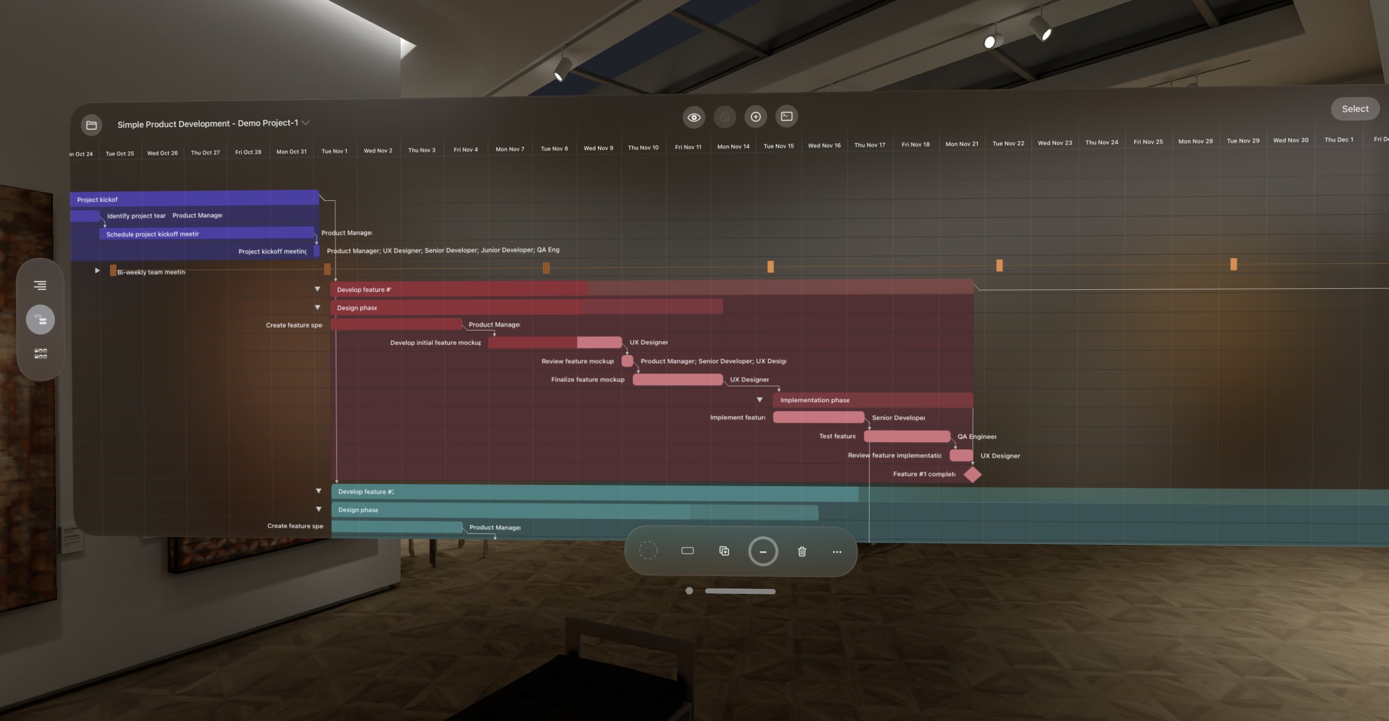 Screenshot of OmniPlan for Apple Vision Pro, with a very wide Gantt chart spanning the room.
