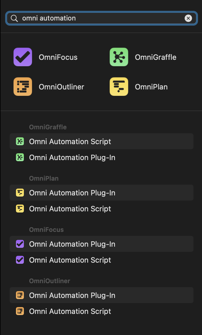 Shortcuts app side panel displaying Shortcuts actions for Omni Automation in all OmniGroup apps on Monterey