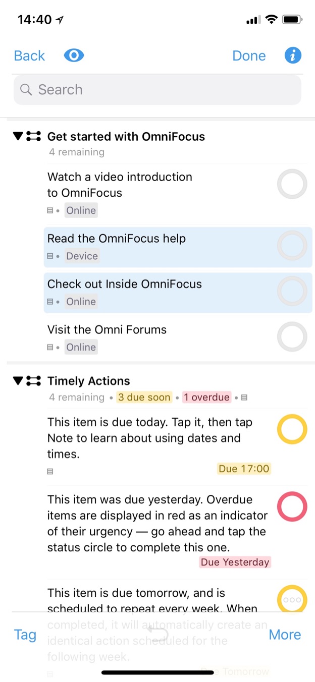 Screenshot of the OmniFocus task list with multiple items selected