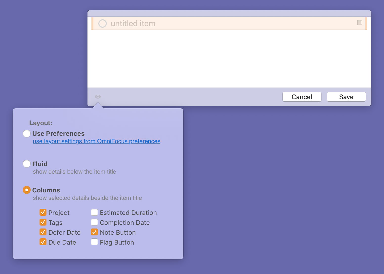 Screenshot showing the Quick Entry window’s view options