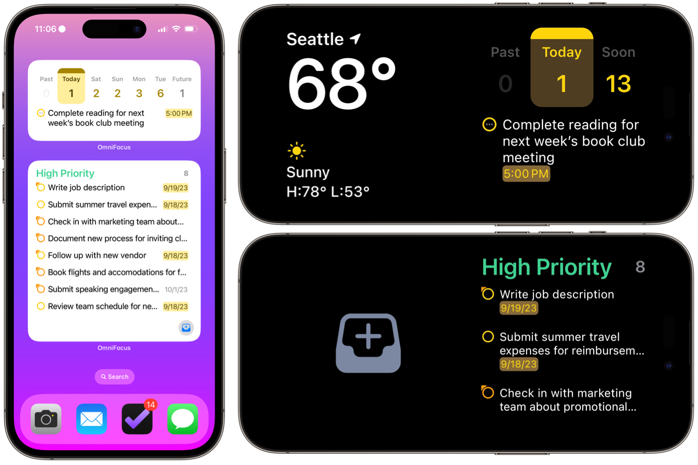 A few examples of interactive OmniFocus 4 widgets, displayed on iOS 17's home screen and in its new StandBy mode.