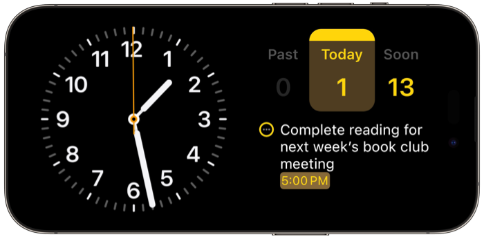 iOS 17 StandBy featuring Apple's built-in clock widget on the left and our interactive OmniFocus 4 Forecast widget on the right.