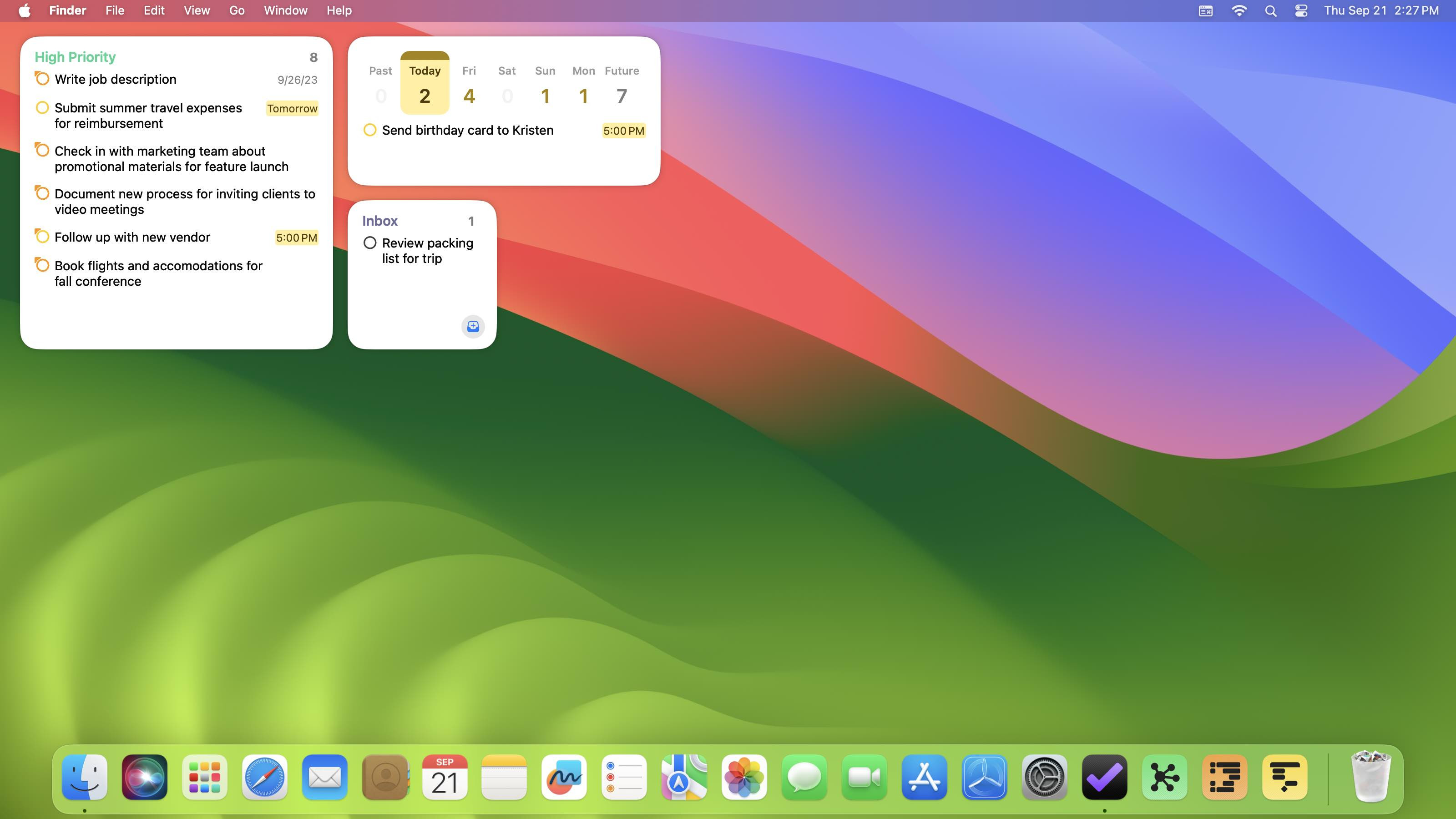 A few interactive OmniFocus 4 TestFlight widgets, running on the macOS Sonoma desktop in light mode.