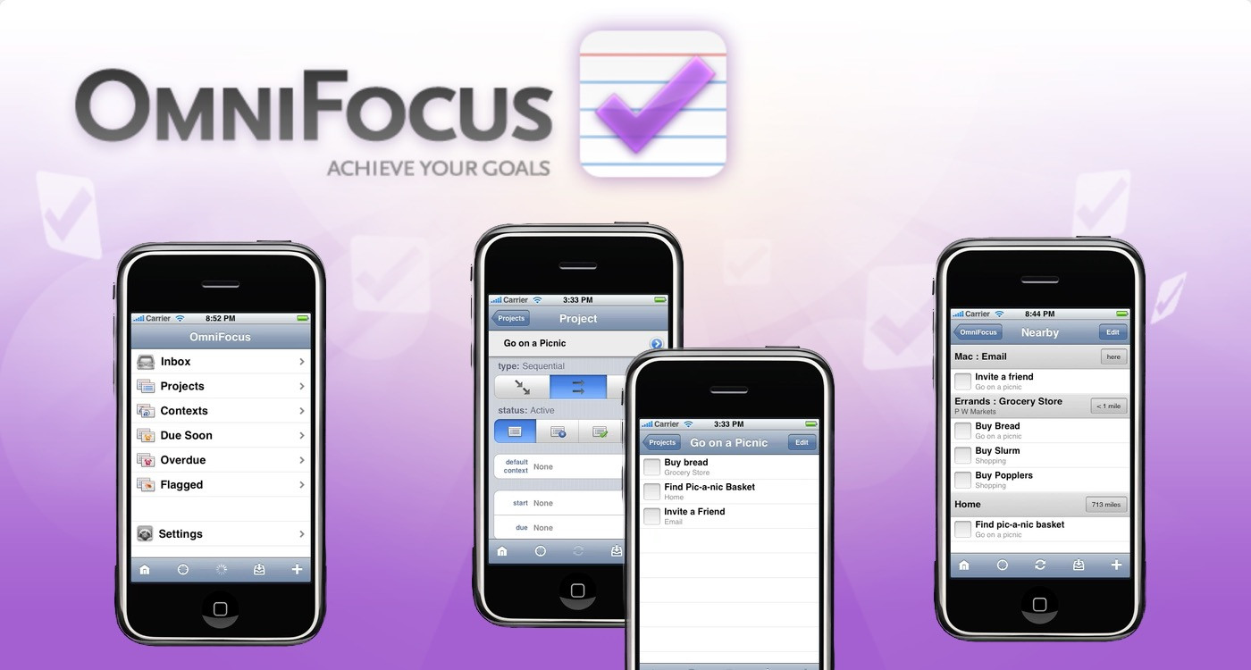 Screenshots from the original OmniFocus for iPhone, showing the perspective list, a project, and the Nearby view. The backdrop includes the original icon (a checkmark over an index card) and the original tag line (“Achieve Your Goals”).