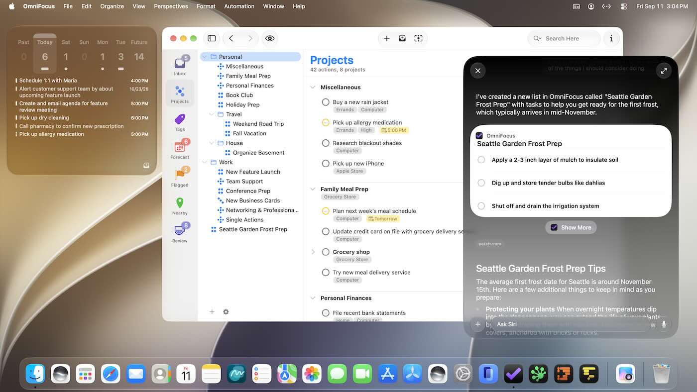Screenshot: OmniFocus and Siri AI on macOS 27.