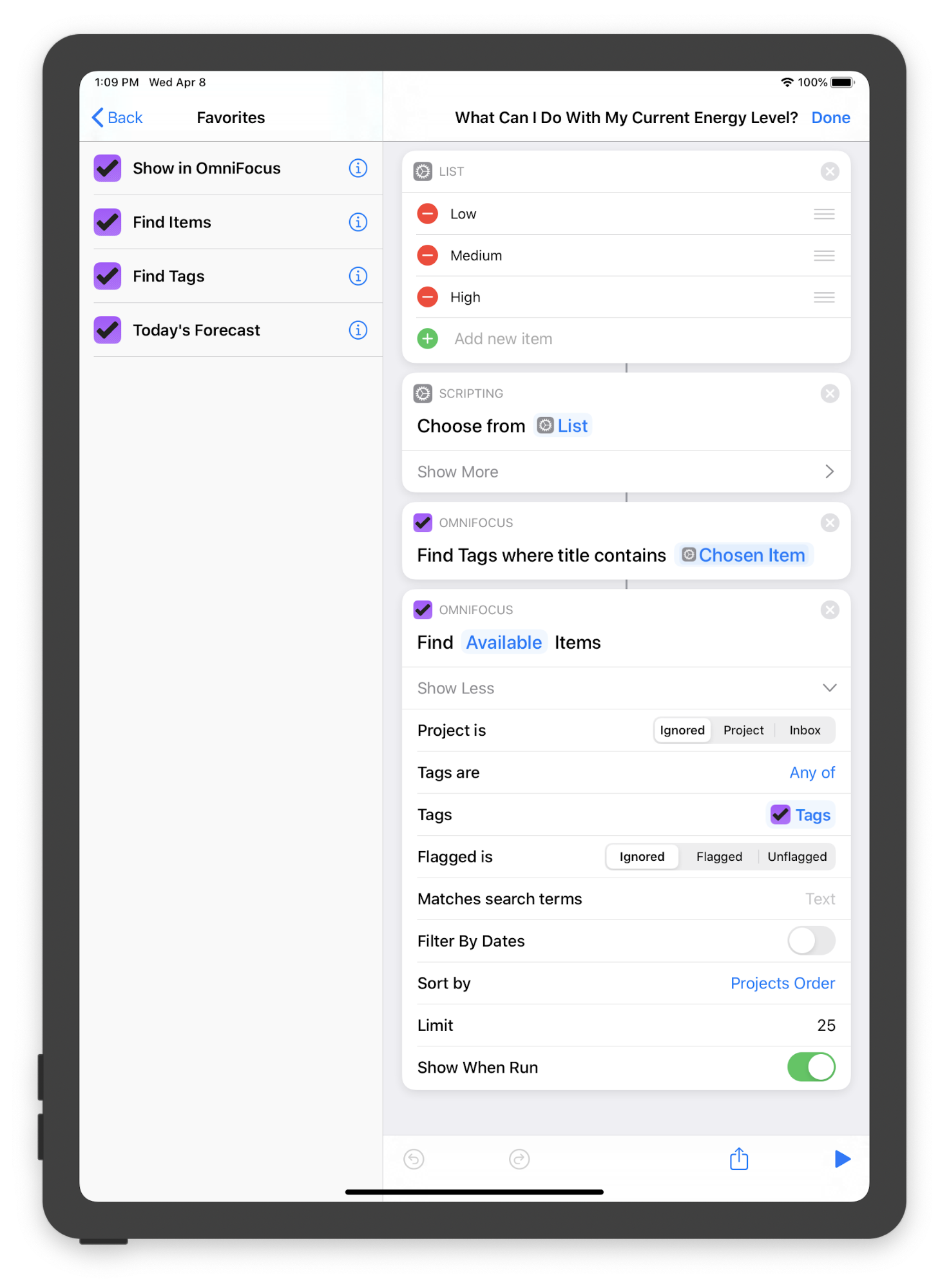 Shortcuts based on current energy level