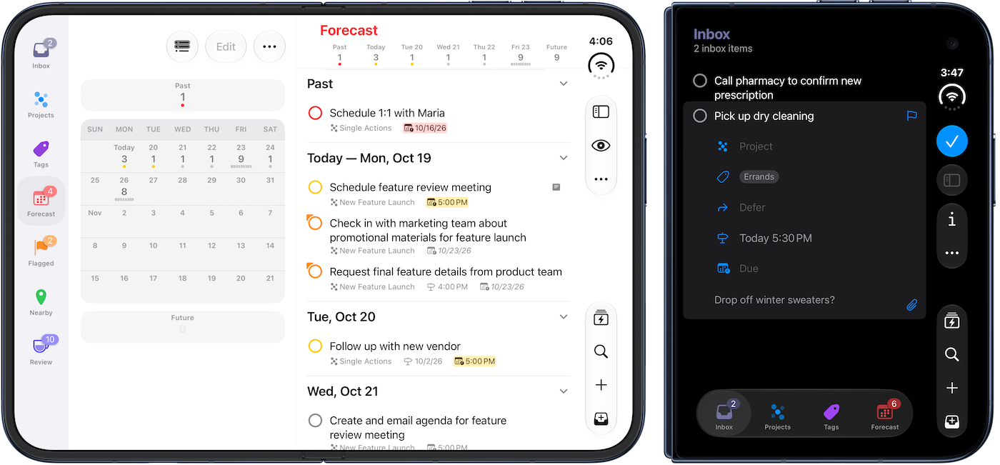 iPhone Duo Screenshots of OmniFocus 4.10 in closed and landscape poses