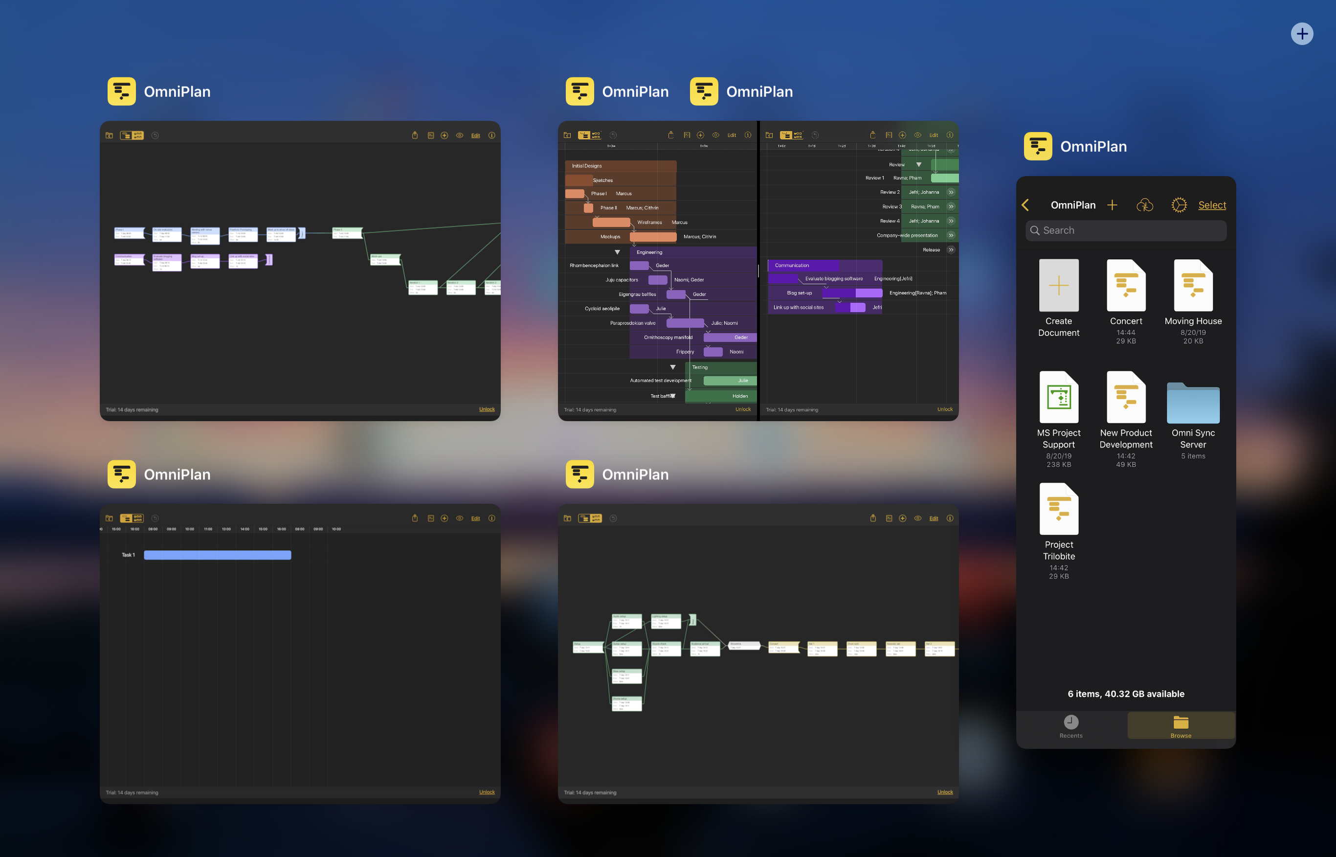 Screenshot showing several window groupings, running in Dark Mode.