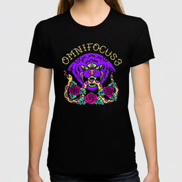 T-shirt with a three-eyed purple cat carrying his friend who’s a snake covered in roses