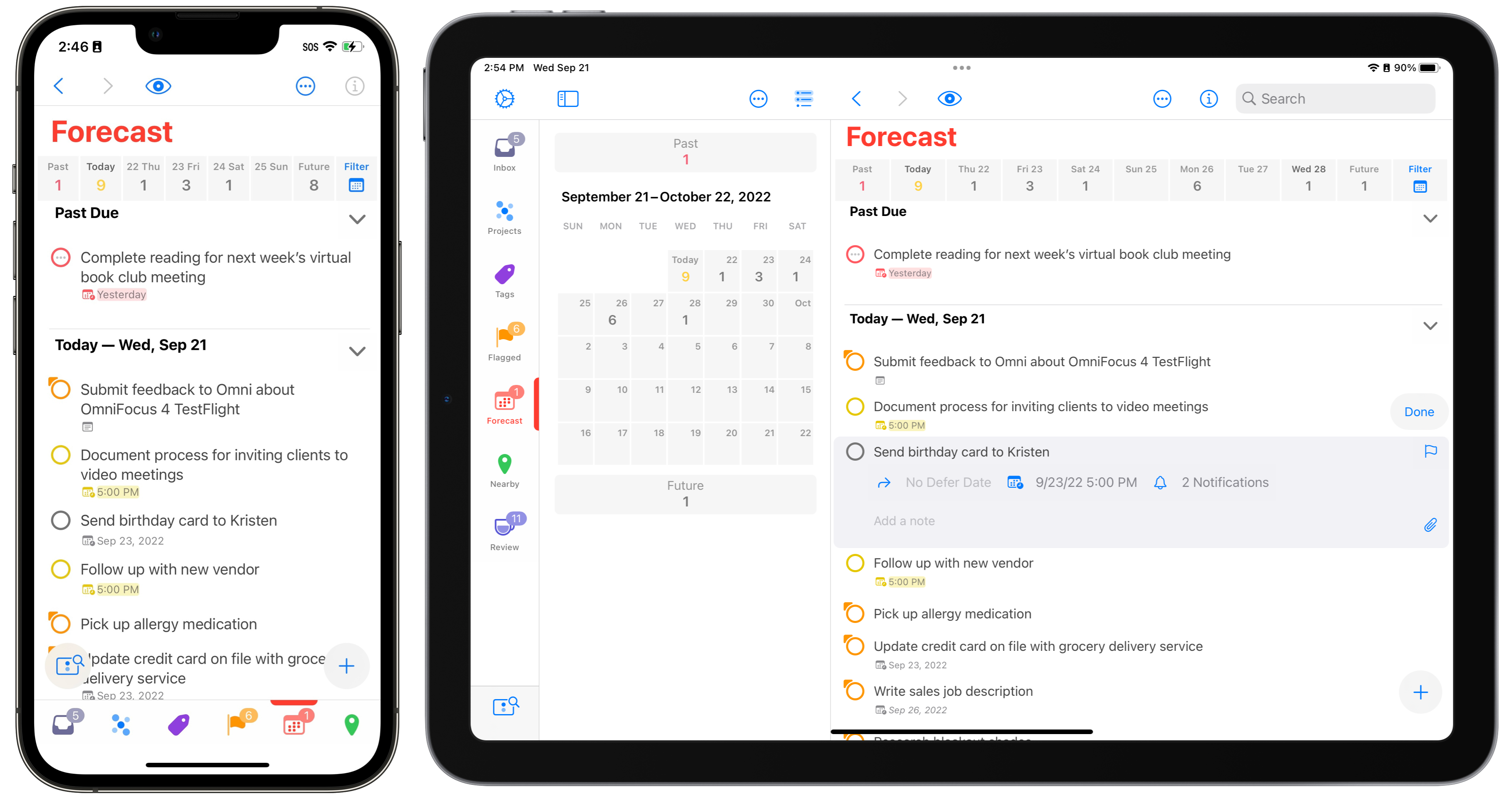 OmniFocus 4 for iPhone and iPad displaying Forecast perspective