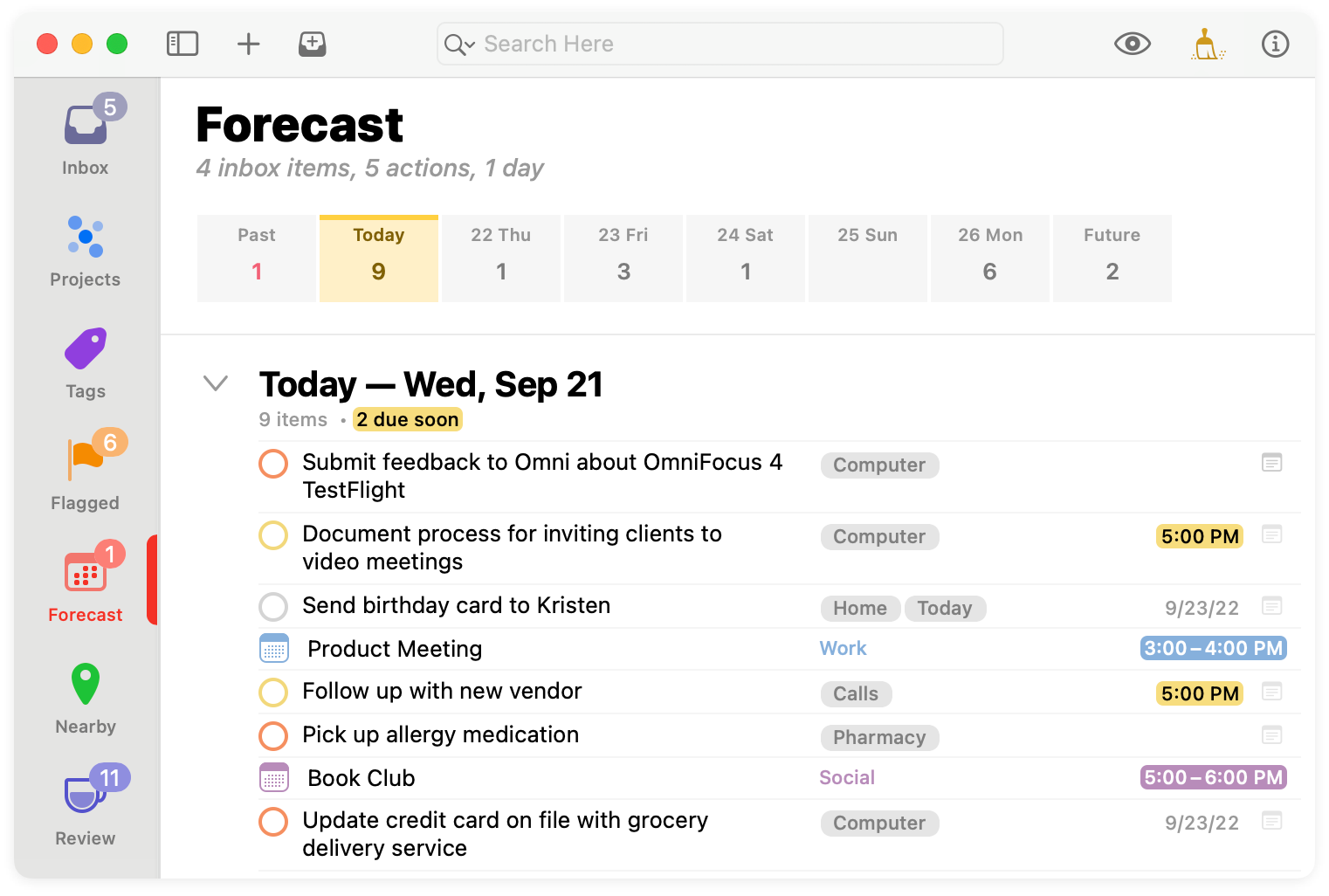 OmniFocus 4 for Mac displaying Forecast perspective