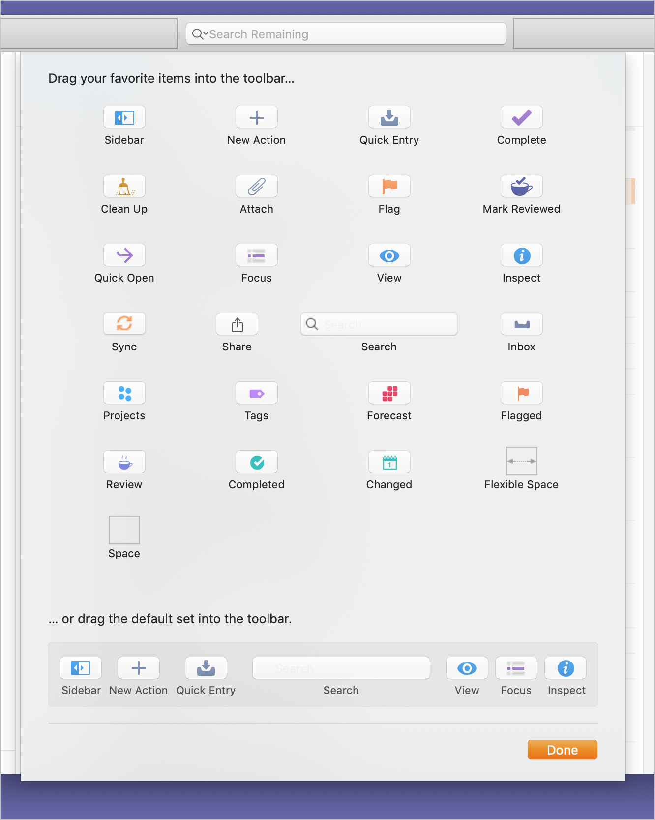 Screenshot showing the sheet for customizing the toolbar