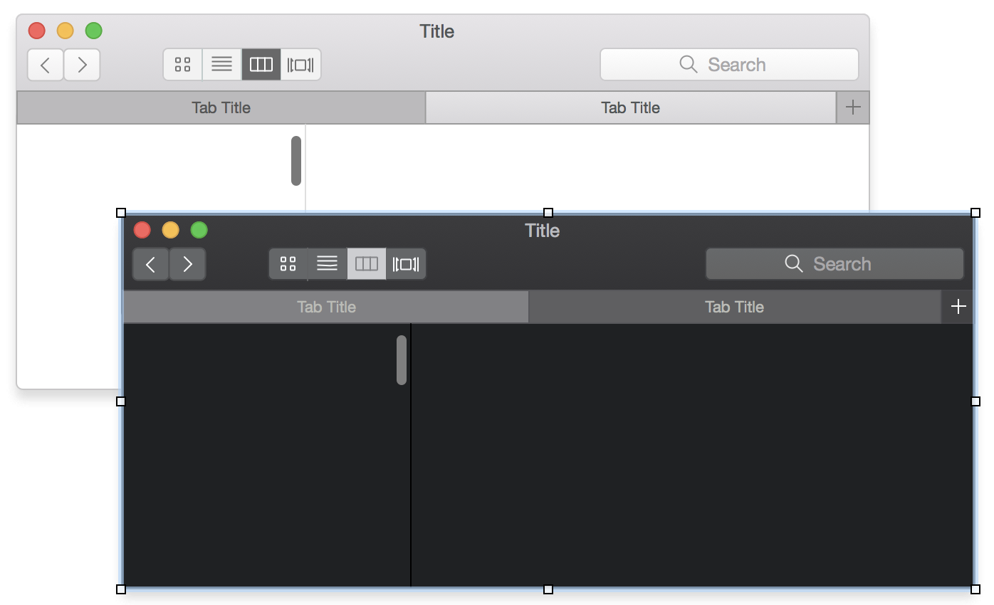 Screenshot showing light and dark macOS windows being edited in OmniGraffle