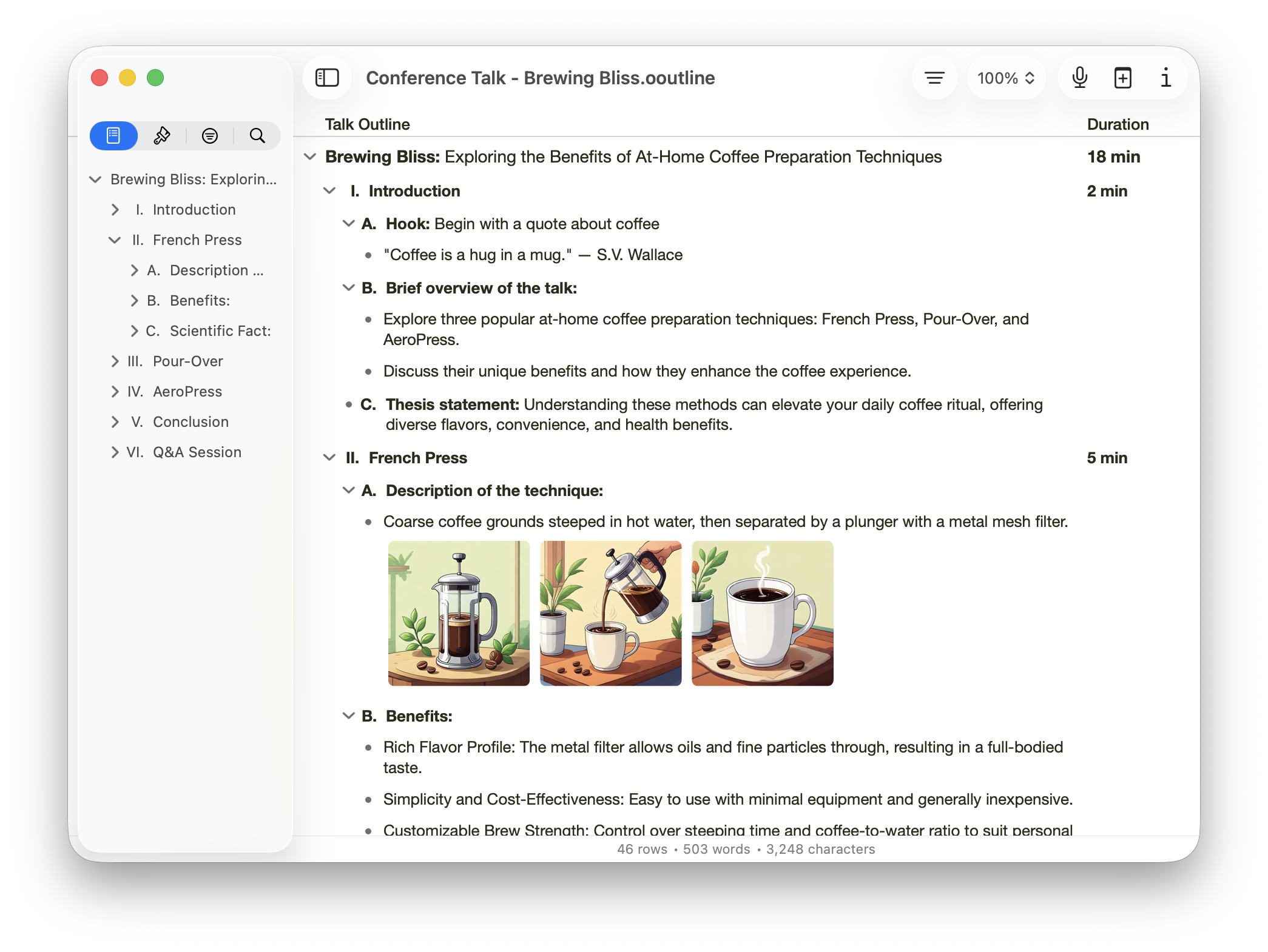 Screenshot of a sample document in OmniOutliner 6 for iPad