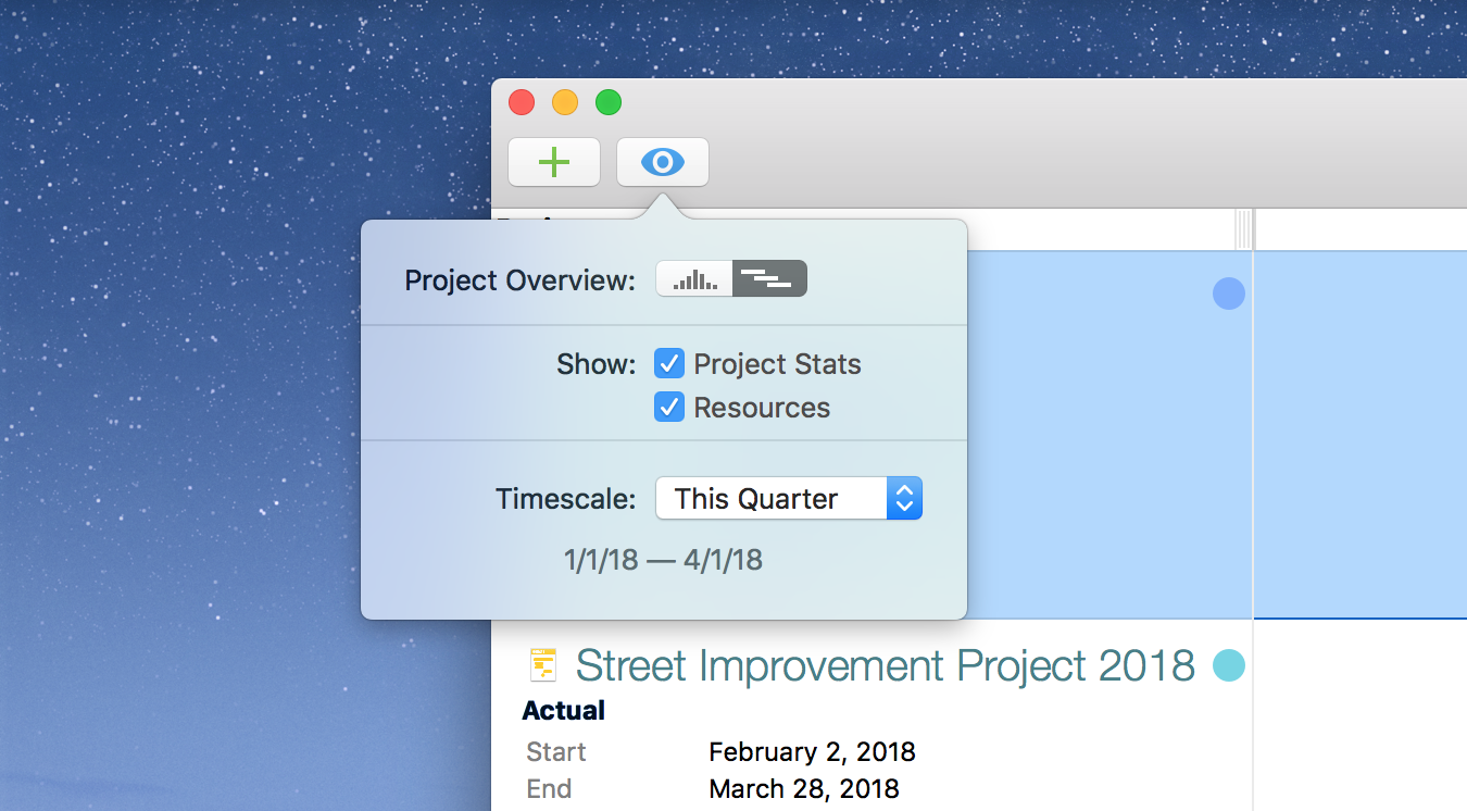 Project Dashboard View popover in OmniPlan 3.9