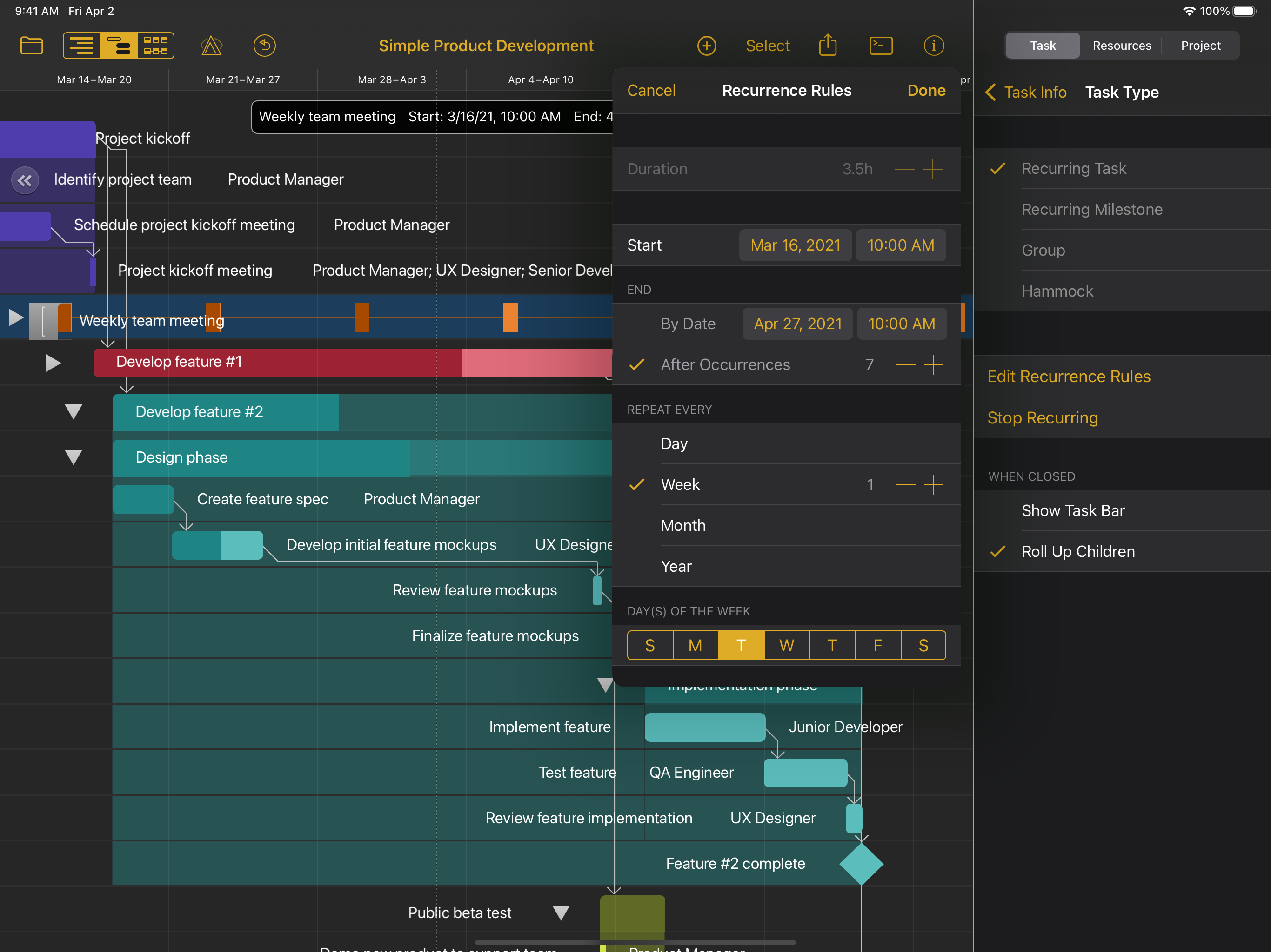 Setting up task recurrence rules in OmniPlan 4 for iPad