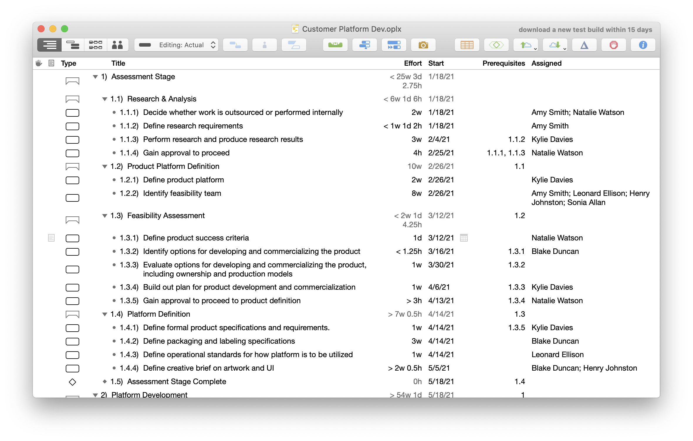 Viewing the task outline in OmniPlan 4 for Mac