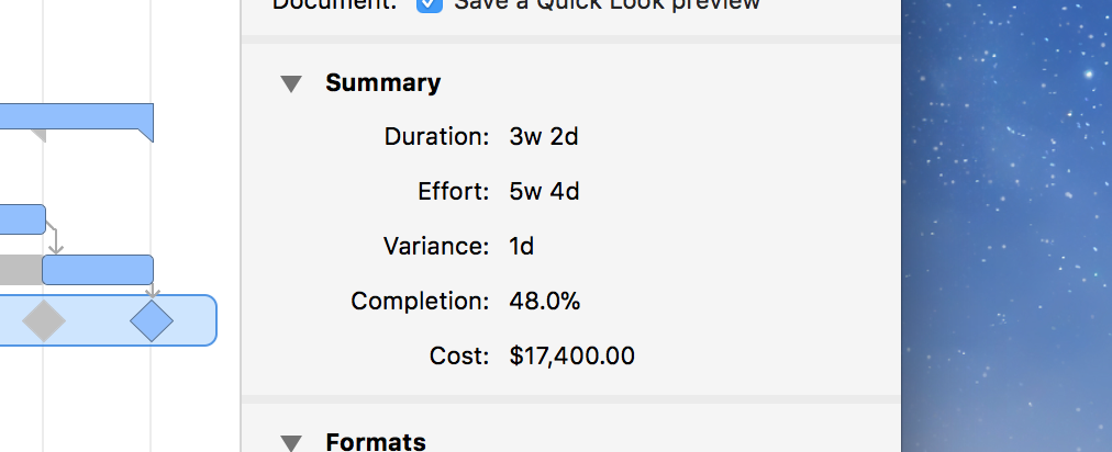 Screenshot of the Project Summary inspector showing project totals.