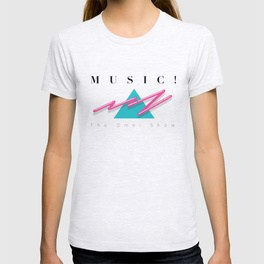 T-shirt with the word Music in an ’80s style